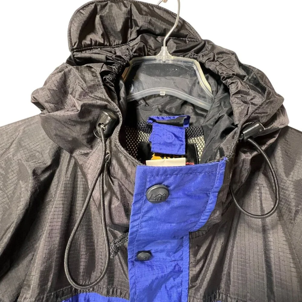Vtg REI Gore-Tex Hooded Jacket Black Blue Waterproof Mesh Lining Pockets Mens L